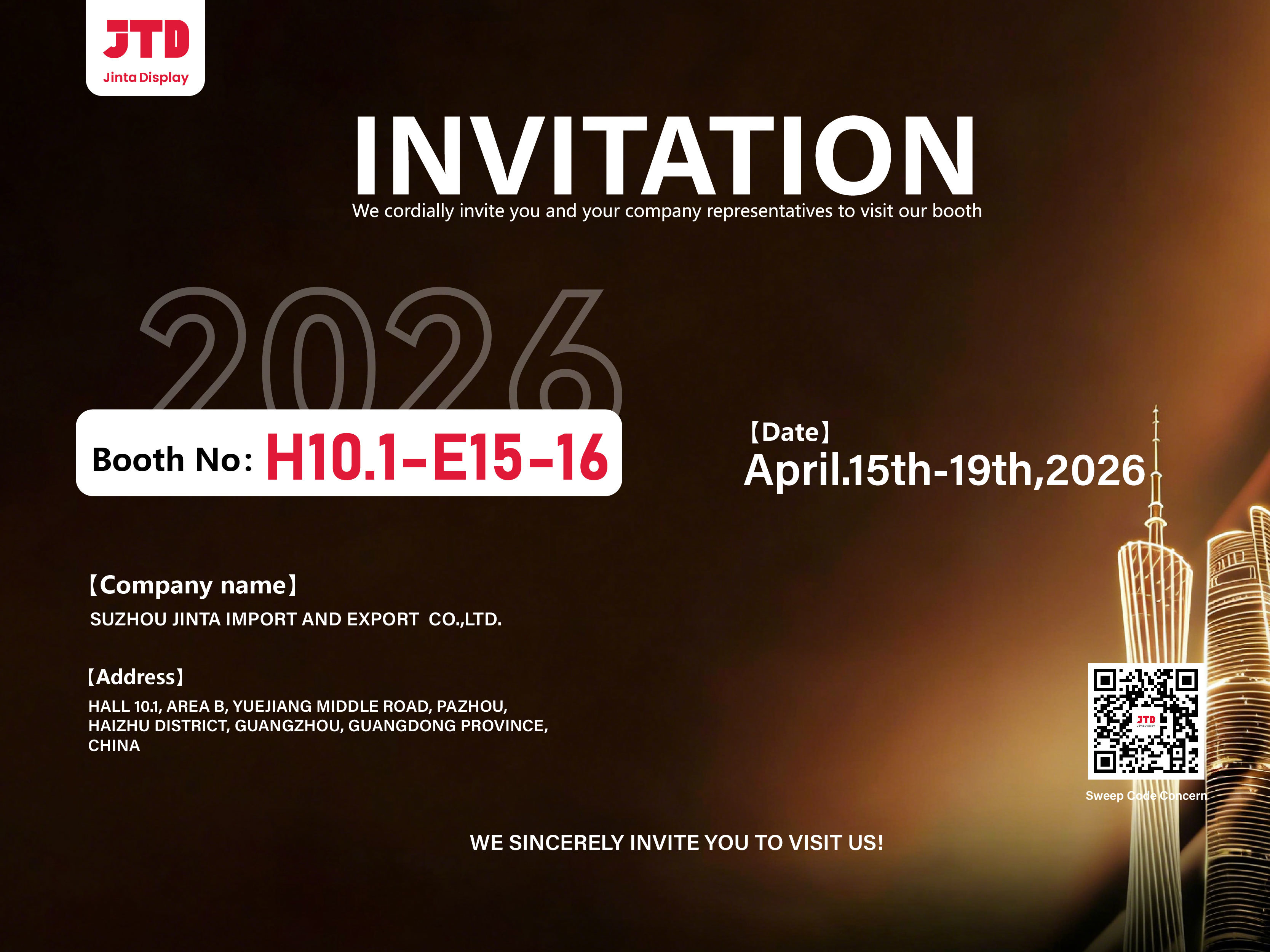 Jüngste Firmenblogs über Suzhou Jinta Import & Export Co., Ltd. lädt Sie aufrichtig ein, unseren Stand auf der 139. Kantonmesse zu besuchen.