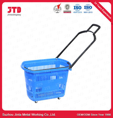 Blauer Plastikeinkaufssupermarkt-Korb der laufkatzen-Korb-60L mit Rädern